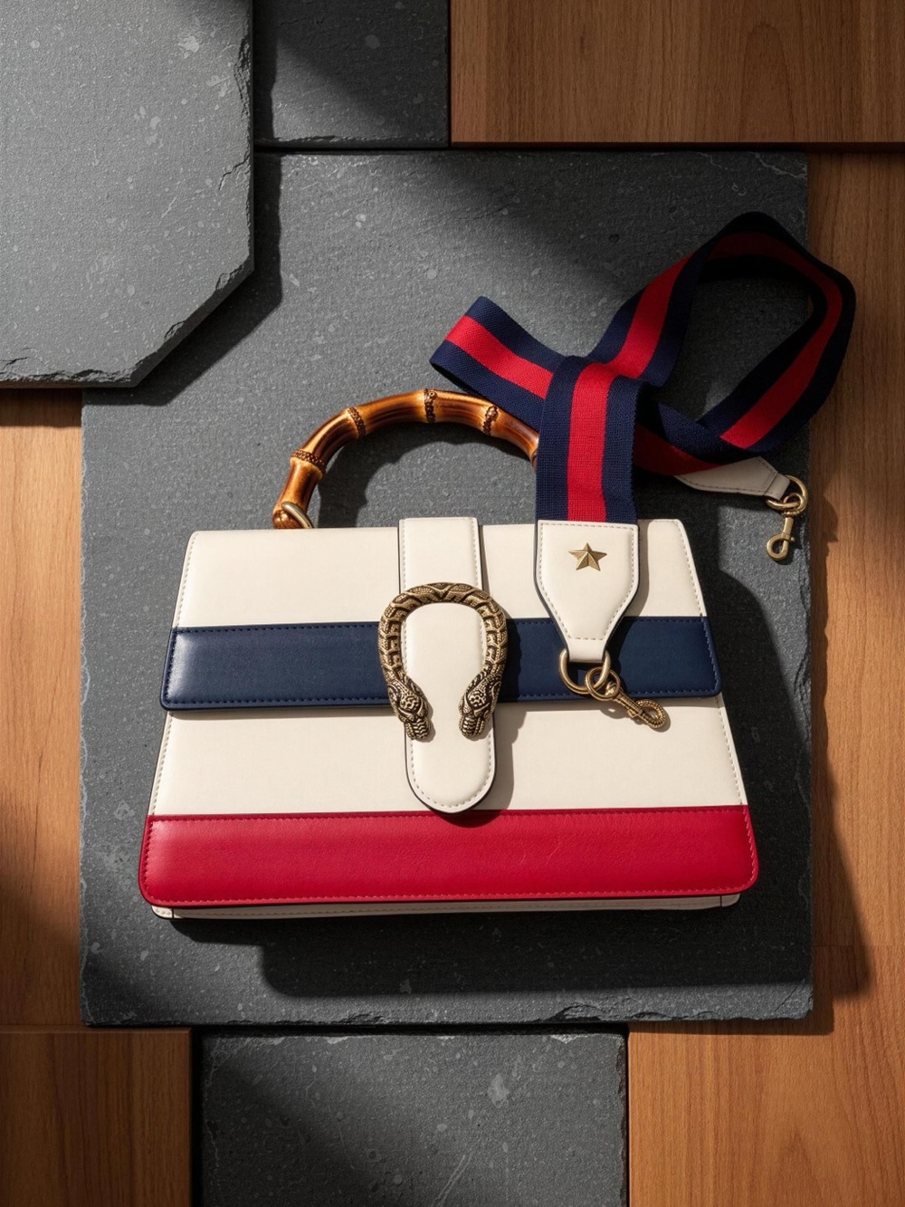 Gucci Elegant White, Red, and Blue Handbag